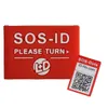 A red SOS-ID armband accessory with a small QR code sticker next to it. Produktbild-Vorschau