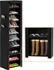 A black fabric shoe rack with multiple shelves, filled with various shoes and boots. A close-up inset shows a section of the rack with boots. Produktbild-Vorschau