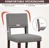 Close-up of a gray upholstered chair with wooden legs, highlighting its backrest features with text and diagrams. Produktbild-Vorschau