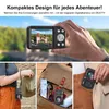 A collage of images showing a compact digital camera in various scenarios: being held, in a bag, and in a pocket. Produktbild-Vorschau