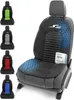 A car seat cover is displayed in multiple colors, with one cover shown on a car seat with a graphic overlay. Produktbild-Vorschau