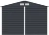 Front view of a dark gray shed with white trim and a white roof. It has double doors and two vents near the top. Náhled obrázku produktu