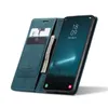 A dark cyan leather flip case for a smartphone, open to reveal the phone screen and card slots with cash. Produktbild-Vorschau