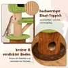 A cat scratching post with various features highlighted by text overlays. Náhled obrázku produktu