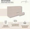 A beige dresser with one drawer pulled out, surrounded by marketing icons and text. Produktbild-Vorschau