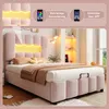 A pink upholstered bed with LED lighting in the headboard, set in a bedroom. The image also includes illustrative graphics at the top. Produktbild-Vorschau