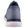 The back view of a blue Skechers slip-on sneaker with a textured heel and a white sole. Náhled obrázku produktu
