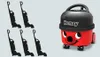 A collage of vacuum cleaners, with a group of black silhouette upright vacuums on the left and a single red and black Henry vacuum cleaner on the right. Náhled obrázku produktu