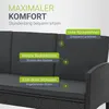 Close-up of a black outdoor sofa with descriptive text overlays highlighting comfort features. Produktbild-Vorschau