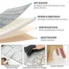 A diagram showing the layers of a product, with accompanying images demonstrating features like cutting, cleaning, and adhesive strength. Produktbild-Vorschau