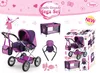 A collage of a doll stroller set, including a stroller, travel cot, and car seat, with accessories and packaging. Produktbild-Vorschau