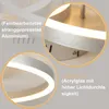 Close-up views of a modern LED ceiling lamp with text descriptions of its materials. Podgląd zdjęcia produktu