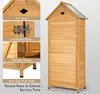 A wooden garden shed with multiple features highlighted by text overlays. Podgląd zdjęcia produktu