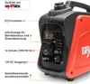 Close-up of the control panel and side of an orange and black portable generator, with labels pointing to various features. Produktbild-Vorschau
