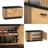 A collage of images showing a shoe cabinet with a bench seat, including close-ups of the interior and exterior. Produktbild-Vorschau