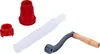 A collection of parts for a hand-operated pump, including a flexible tube, a crank handle, and two red adapters. Náhľad obrázku produktu