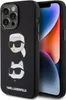 A black iPhone case with Karl Lagerfeld and Choupette illustrations is shown next to an iPhone. Produktbild-Vorschau