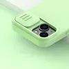 A close-up of a light green phone case with a sliding camera cover. Produktbild-Vorschau
