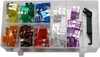 A clear plastic organizer box filled with various automotive fuses of different colors and amperages, along with a black fuse puller tool. Anteprima dell’immagine prodotto