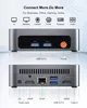 A marketing image showing the front and back of a mini PC, highlighting its connectivity options and intended uses. Produktbild-Vorschau