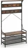 A freestanding coat rack and shoe bench with a rustic wood and metal design. Voir les images du produit