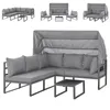 A collage of different configurations of a grey outdoor lounge set with a canopy. Produktbild-Vorschau