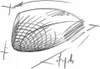 A sketch of a futuristic or abstract shape with grid lines, possibly representing a design concept or architectural element. Náhled obrázku produktu
