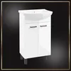 A white bathroom vanity with a sink and two cabinet doors, set against a dark, gradient background with a gold border. Anteprima dell’immagine prodotto