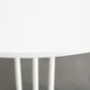 Close-up of the edge of a white round table with white legs against a gray background. Produktbild-Vorschau