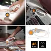 Collage of images showing a Fiskars Titanium Rollmesser 45 mm being used for fabric cutting, with close-ups and a diagram. Produktbild-Vorschau
