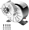 A silver and black electric DC motor with a sprocket attached, shown on a white background. Several screws and washers are laid out in the foreground. Produktbild-Vorschau