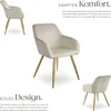 A collage of images showcasing a beige upholstered chair with gold legs, with descriptive text highlighting its comfort and design. Produktbild-Vorschau