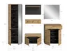A collection of furniture pieces for a hallway or entryway, including a tall cabinet, a mirror, a shelf with hooks, and a bench. Dimensions are indicated with lines and numbers. Produktbild-Vorschau