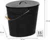 A black metal ash bucket with a lid and a handle, with dimensions and capacity indicated. Produktbild-Vorschau