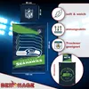 A collage of marketing images for NFL Seattle Seahawks bedding, showing product dimensions, features, and different views of the bedding. Náhled obrázku produktu