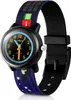 A close-up shot of a children's watch with a black case and a colorful patterned strap. Náhled obrázku produktu