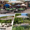A collage of three images showing a large double patio umbrella in different settings: a market square, a terrace with lounge chairs, and a garden with outdoor furniture. Anteprima dell’immagine prodotto