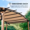 Close-up view of a wooden and metal pergola with a beige fabric canopy, set against a sky and trees. Produktbild-Vorschau