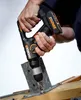 A person is using a cordless drill to fasten a metal plate to a wooden beam. Produktbild-Vorschau