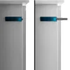 Two images side-by-side showing a cabinet door with a blue handle mechanism. The left image shows the mechanism closed, and the right image shows it extended. Produktbild-Vorschau