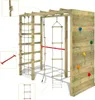A wooden climbing frame with various attachments, including a climbing wall, rope ladder, and monkey bars. Podgląd zdjęcia produktu
