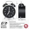 A black analog alarm clock with dimensions and features listed. Produktbild-Vorschau