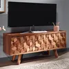Lowboard Sheesham Massivholz mit geometrischem 3D-Flächenmuster an der Klapptür, Gesamtansicht von vorne. Anteprima dell’immagine prodotto