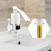 A white electric faucet is shown installed on a white sink, with a close-up inset of the faucet's threaded mounting pipe. Náhled obrázku produktu