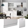 A modern white kitchen with a dining table and chairs, and separate images of kitchen cabinet fronts. Produktbild-Vorschau