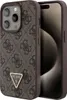 A close-up view of a smartphone case with a repeating Guess logo pattern and a metallic triangle logo. Podgląd zdjęcia produktu