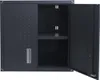 A dark gray metal cabinet with one door open, revealing shelves inside. Voir les images du produit