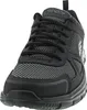 A close-up, front-facing view of a black Skechers sneaker. Voir les images du produit