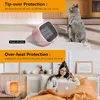 A split image showing a mini heater with safety features and a person using a laptop. Produktbild-Vorschau