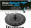 A solar-powered fountain pump with various attachments, shown in operation with water spraying and birds nearby, set against a product box background. Produktbild-Vorschau
